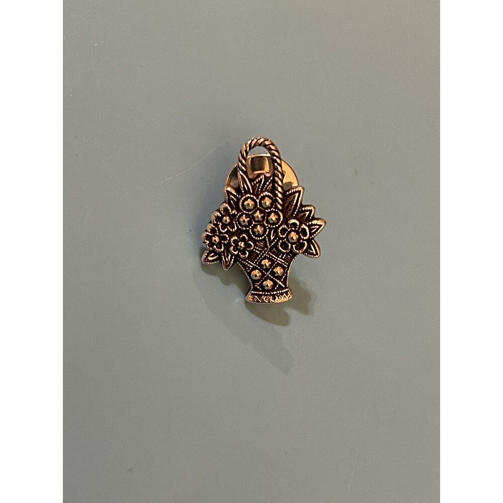 Vintage Avon Flower Basket Lapel Pin Silver Tone
